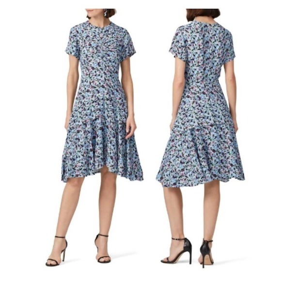 Jason Wu Collection Blue Floral Ruched Tiered Midi Dress - Size 4
